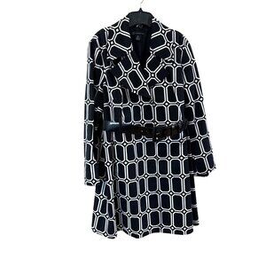 INC Womens Black & White Geometric Print Belted Trench Coat XL 100% Cotton Long